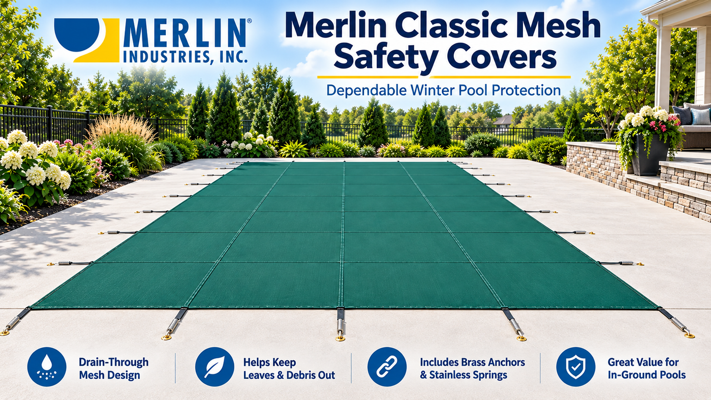 Merlin Classic Mesh Safety Cover – 25' x 50' Pool / 27'6" x 52'6" Cover – Green – 8M-E-GR