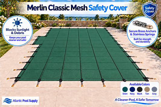 Merlin Classic Mesh Safety Cover – 16' x 36' Rectangle with 4' x 8' 1' Offset Left Side Step / 18' x 38' Cover – 75M-E-GR