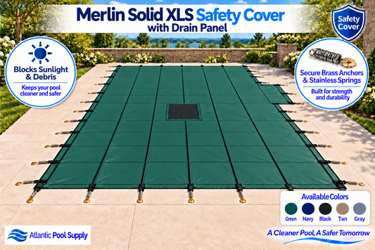 Merlin Solid XLS with Mesh Drain Panel Safety Cover – 20' x 40' Rectangle with 4' x 8' 1' Offset Right Side Step / 22' x 42' Cover – 27W-X