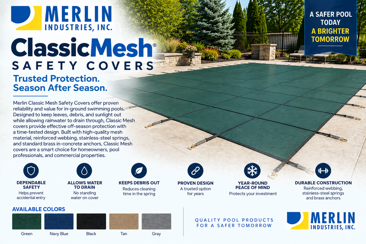 Merlin Classic Mesh Safety Cover – 16' x 32' Rectangle with 4' x 8' Flush Right Side Step / 18' x 34' Cover – 16M-E-GR
